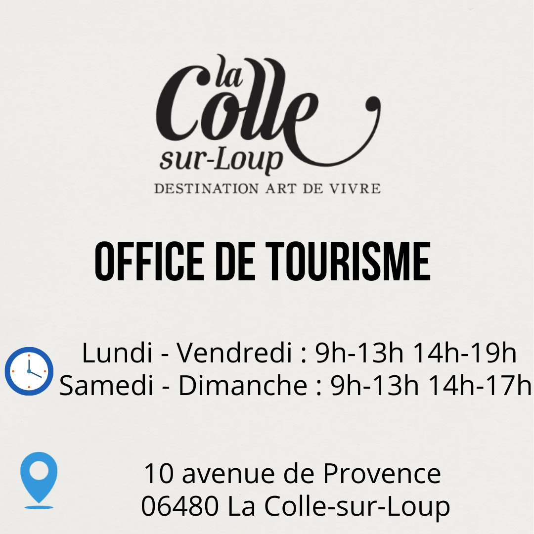Office de tourisme de la Colle-sur-Loup : Possibilité de retirer le dossard également le 1 juillet - Lundi et Samedi : 9h-13h 14h-17h Mardi à vendredi : 9h-13h 14h-18h - 10 avenue de Provence - 06480 La Colle-sur-Loup Office de tourisme de la Colle-sur-Loup